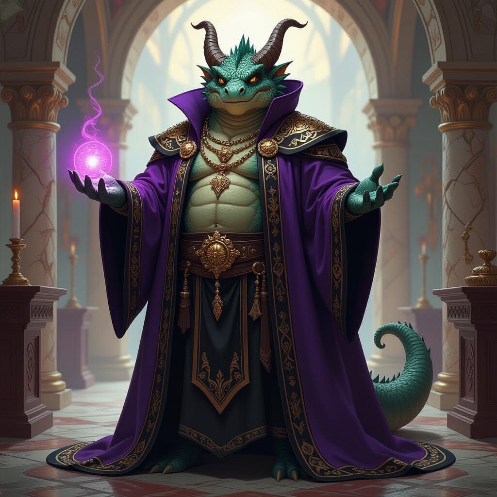 Dragonborn Wizard in Mystical Chamber, Fantasy Oil Painting