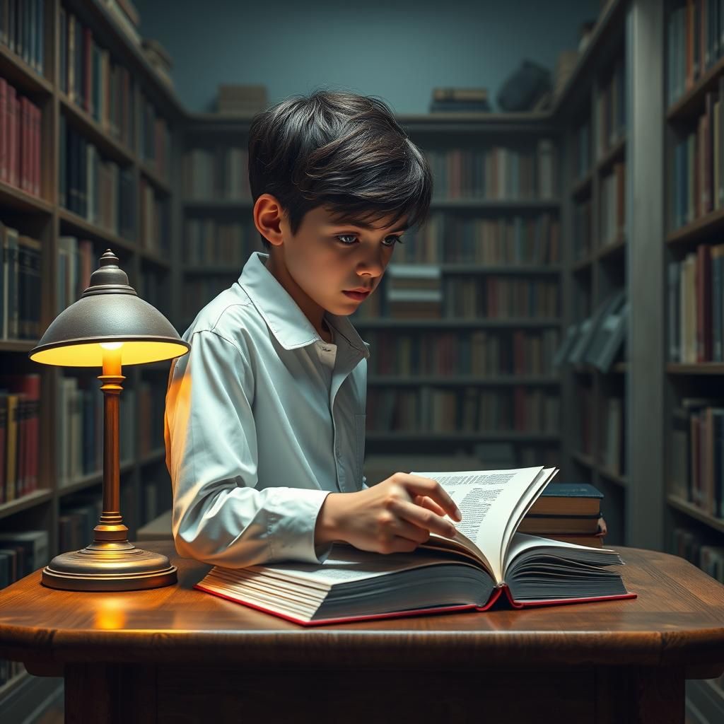 Boy Studying Physics in Library, Photorealistic Matte Painti...
