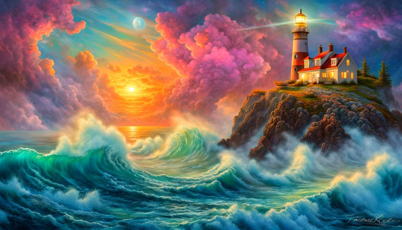 Surreal Lighthouse Ocean and Nebula in Modern Aesthetic