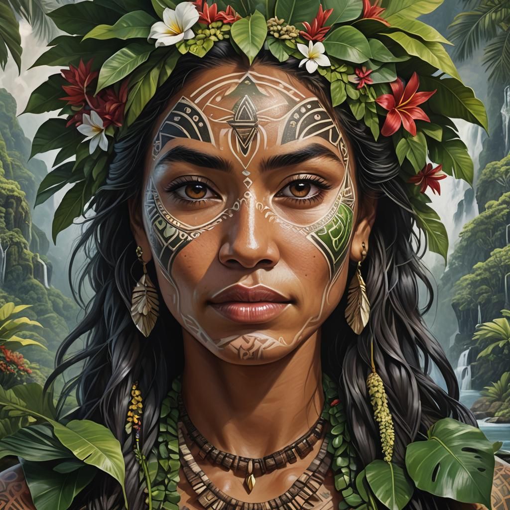 Polynesian Woman Portrait Merged with Tropical Landscape