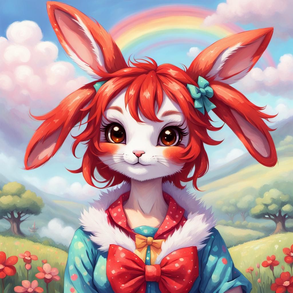 Kawaii Anthro Bunny Woman in Playful Landscape