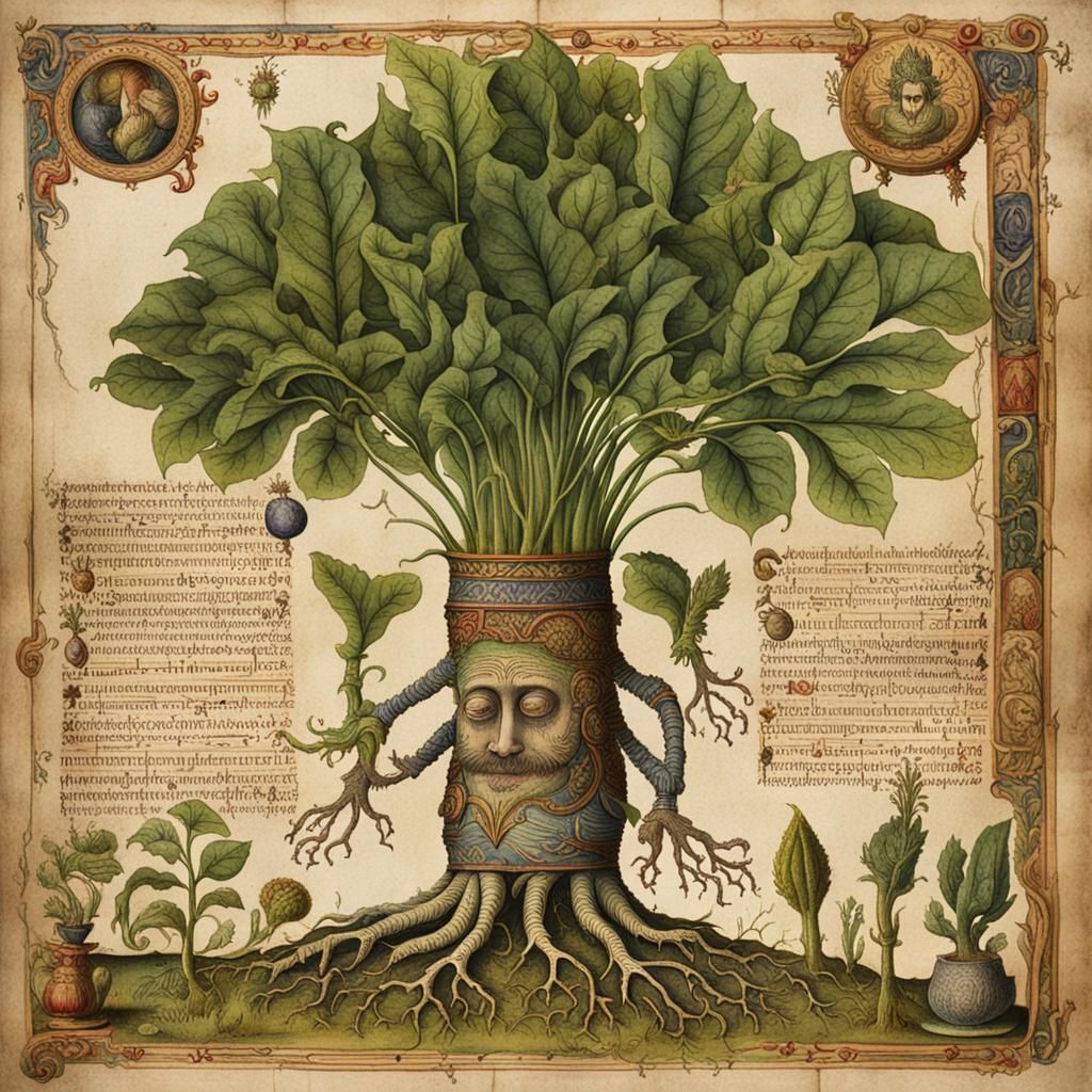 Magical mandrake illustration from an ancient herbalist book.