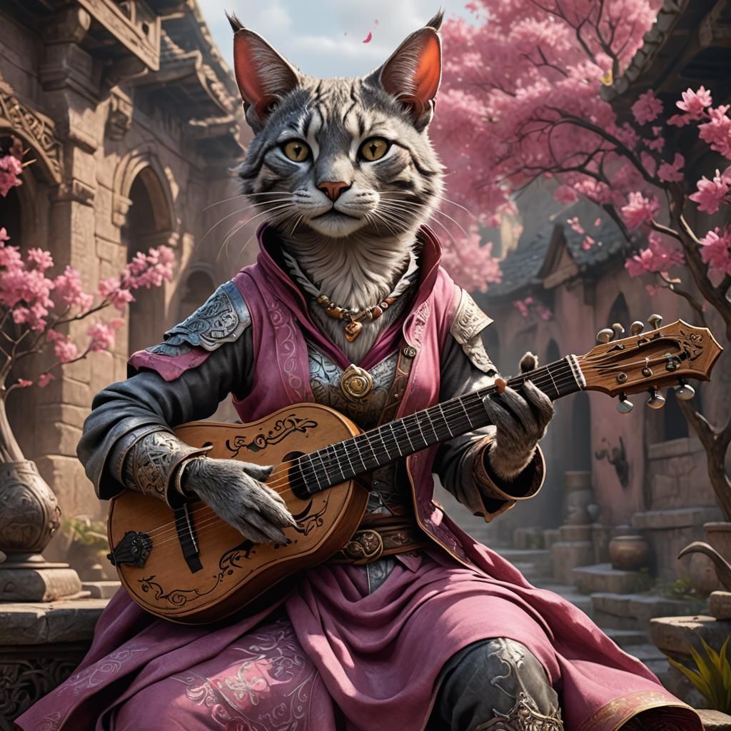 Silver Tabaxi Bard with Lute, Fantasy Concept Art