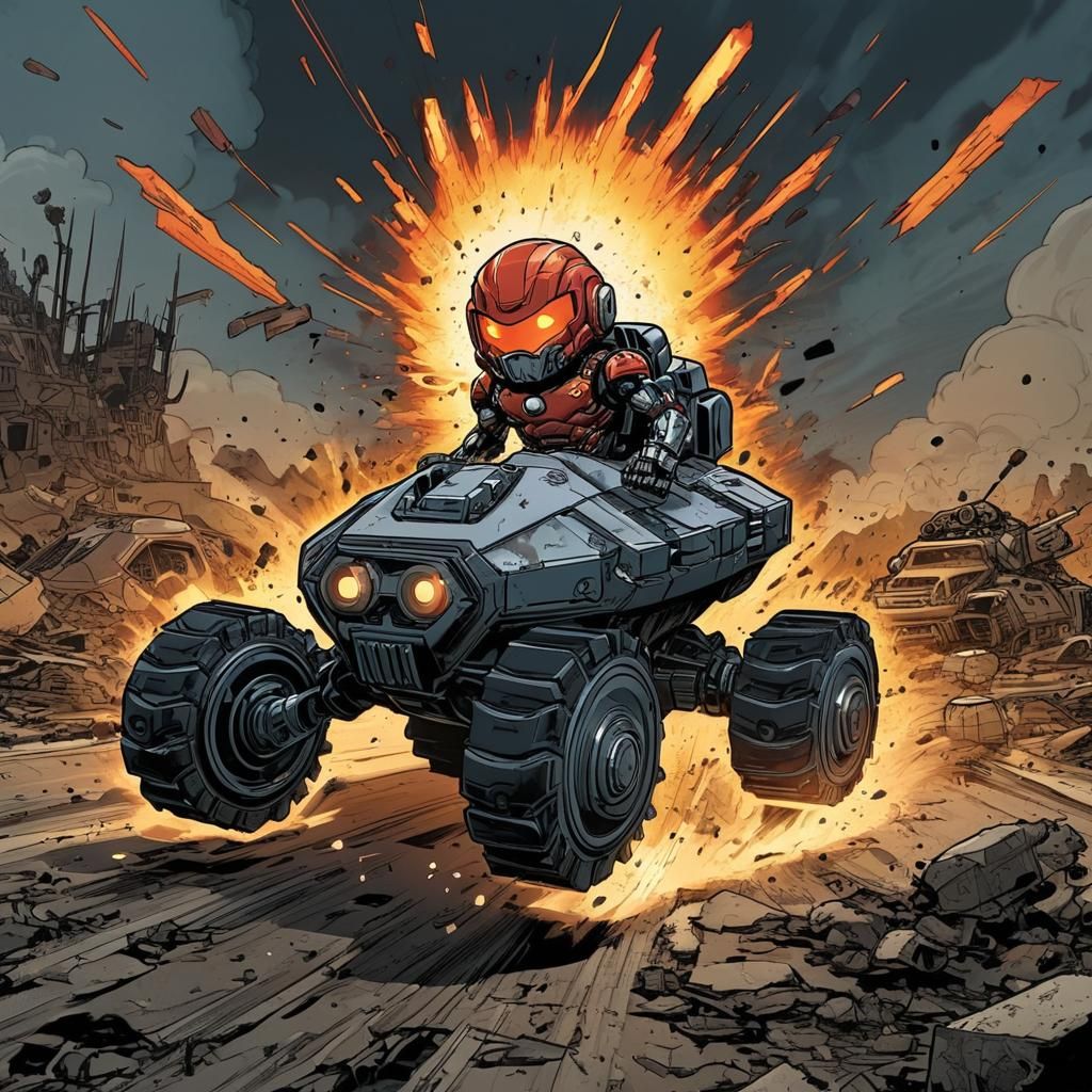 Chibi Cyborg Races Icosagon Tank in Apocalyptic Wasteland