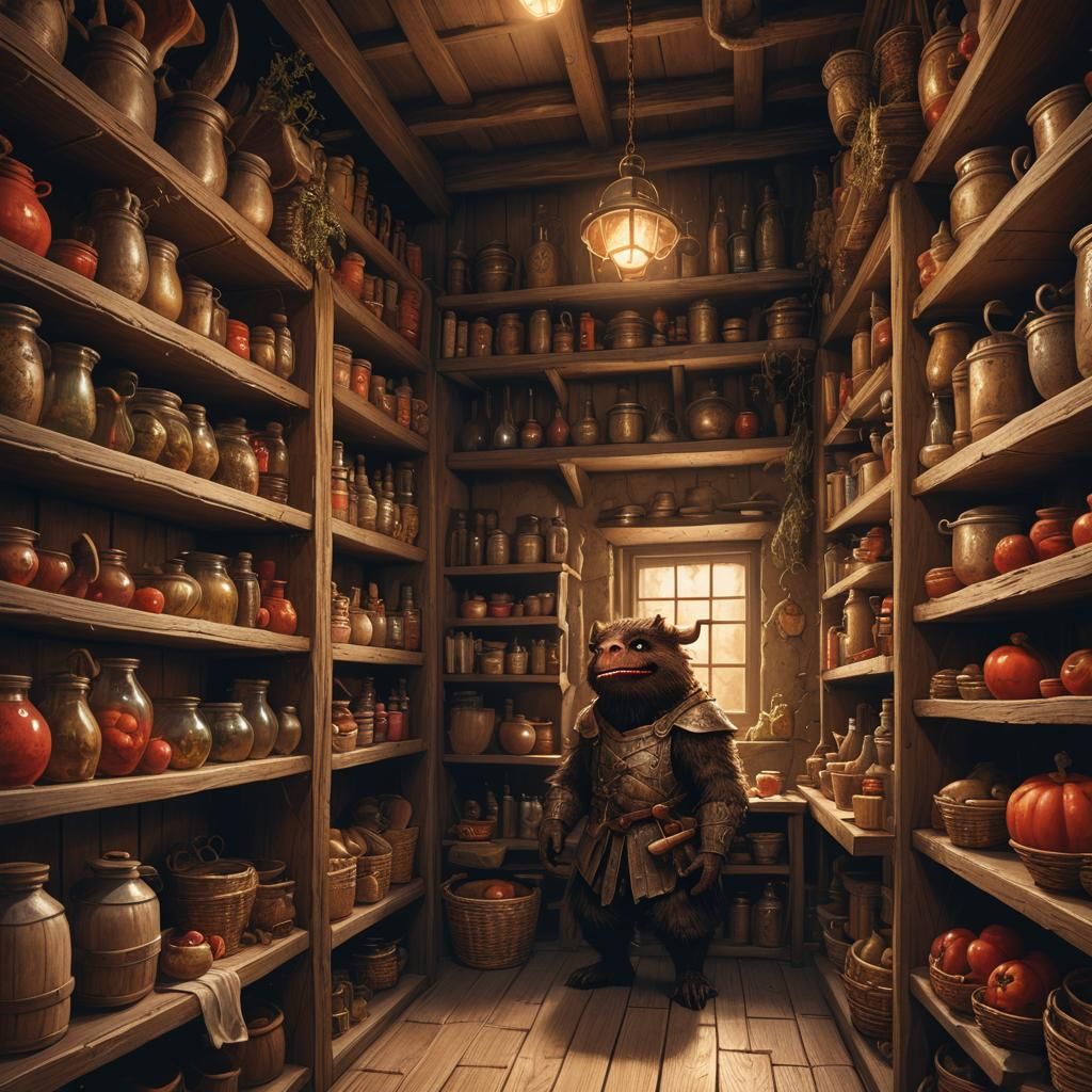 Whimsical Monster in Medieval Pantry: Fantasy Art