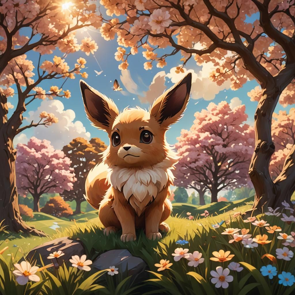 Eevee Near Blooming Tree, Splash Art Style