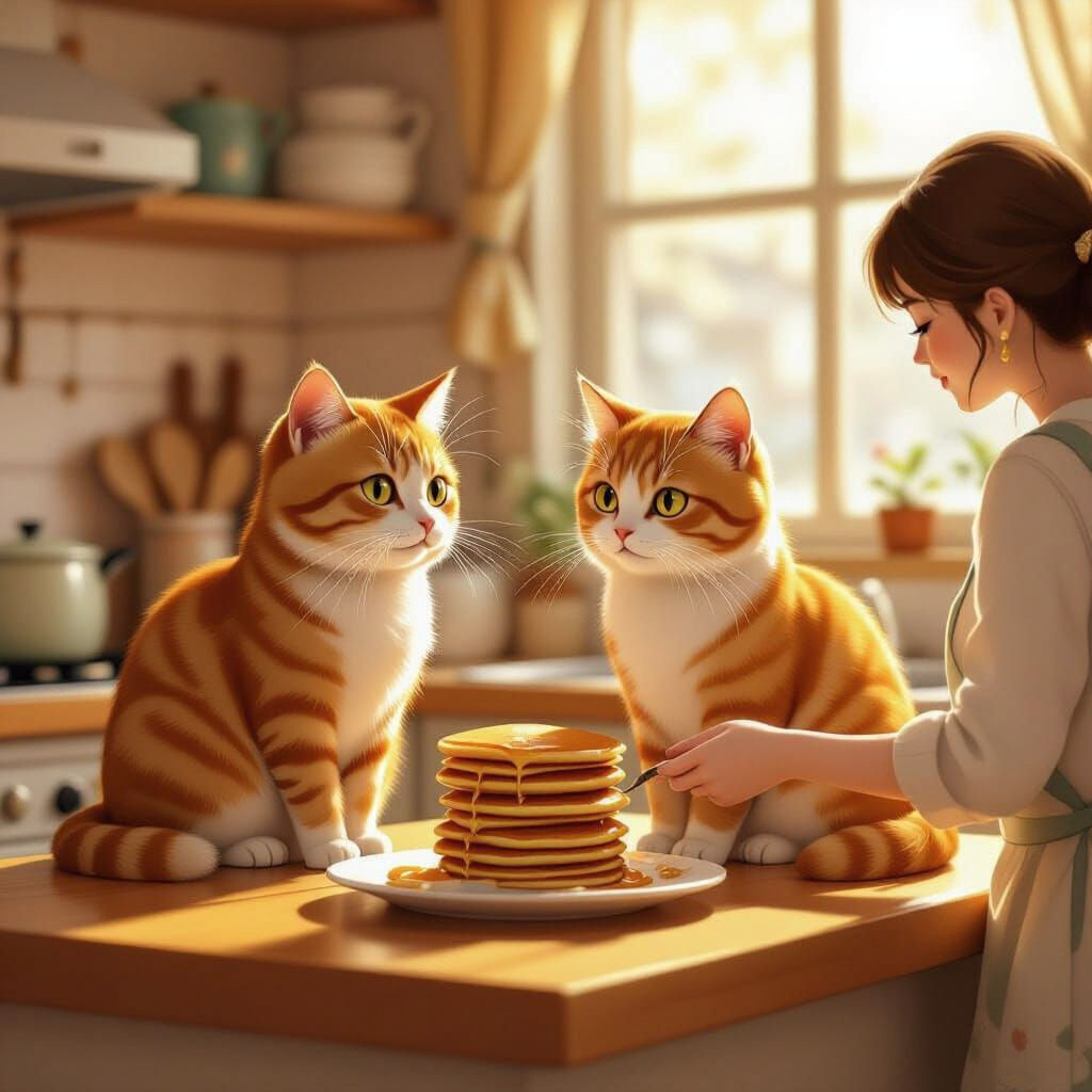 Ginger Cats Watch Owner Make Pancakes, Old Japanese Animatio...