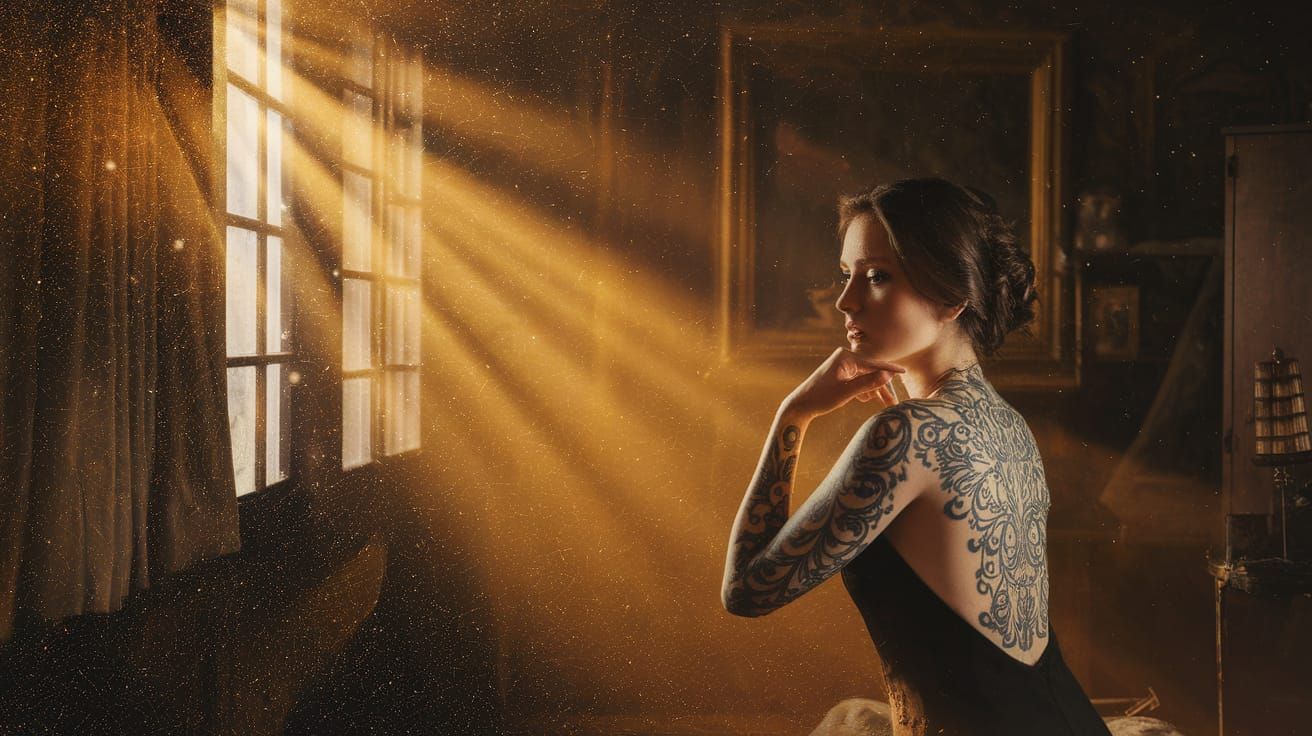 Woman with Swirling Tattoos in Sunlit Antique Room