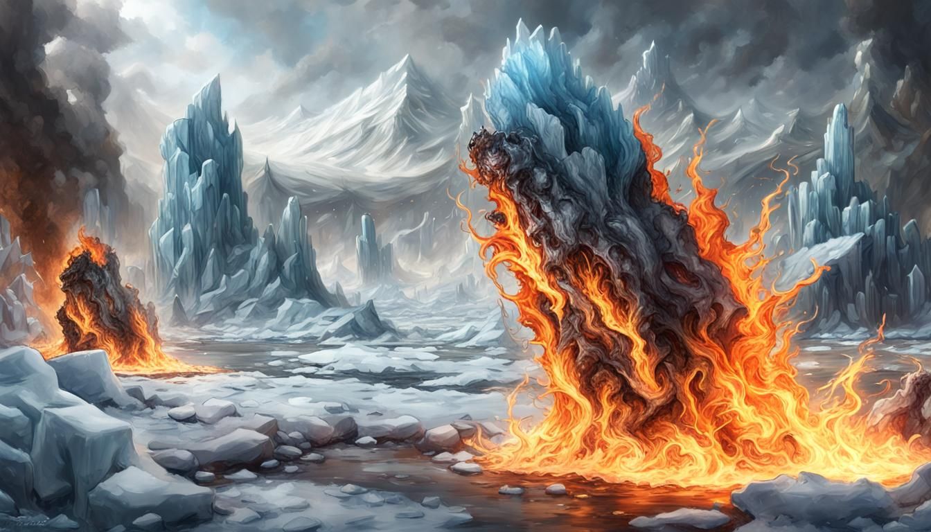 Hyperrealistic Fire and Ice Face in Splash Art