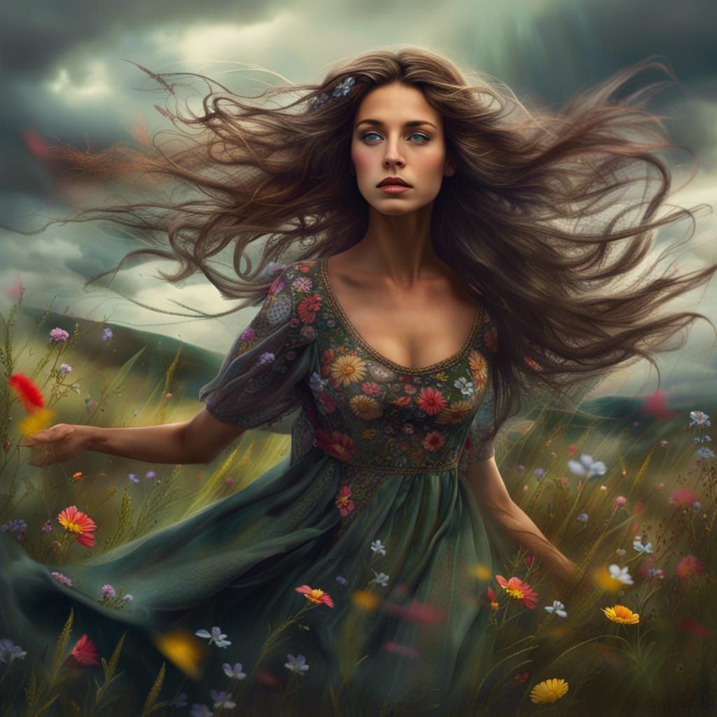 Mysterious Woman in Stormy Meadow, Fantasy Art