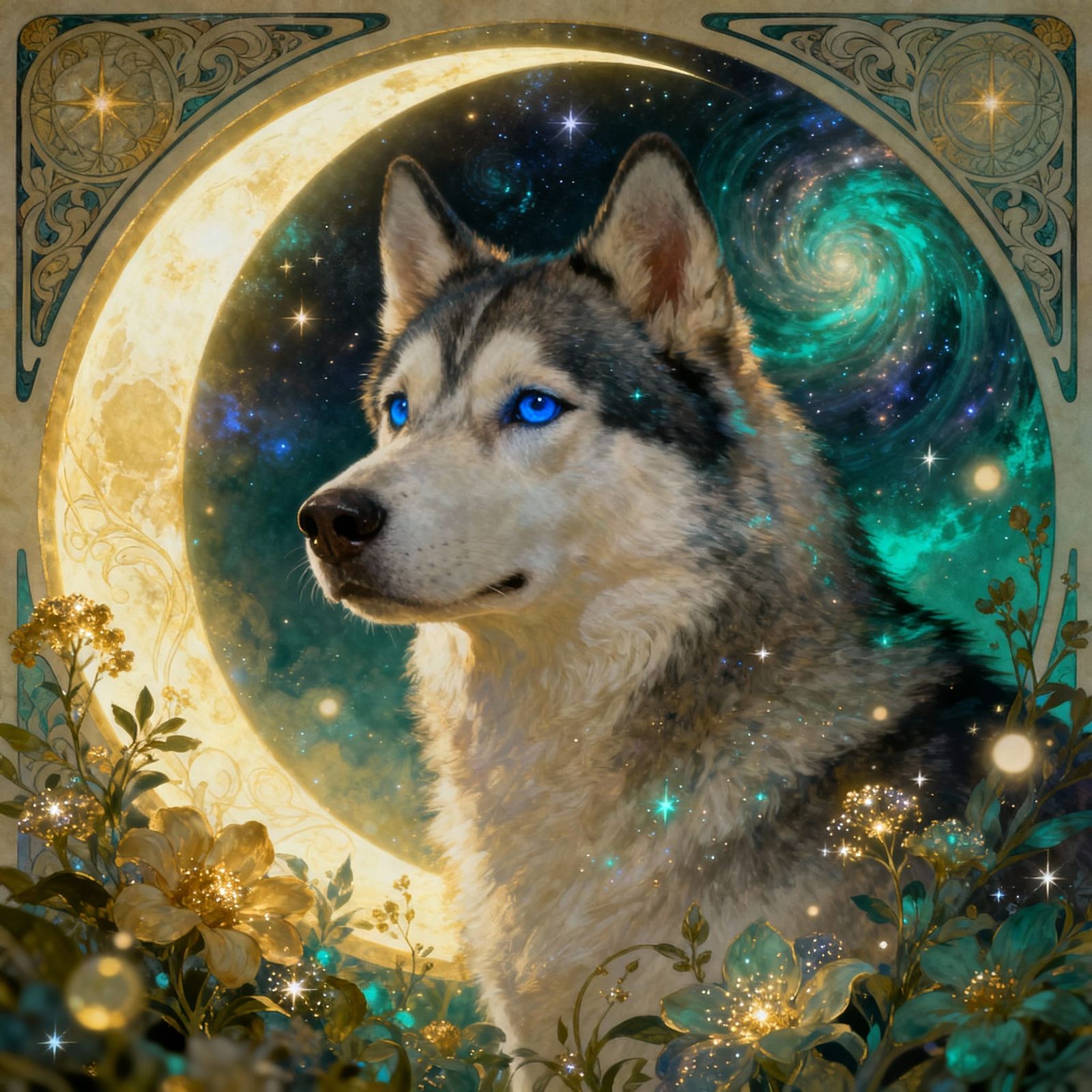 Majestic Husky in Celestial Garden Digital Painting