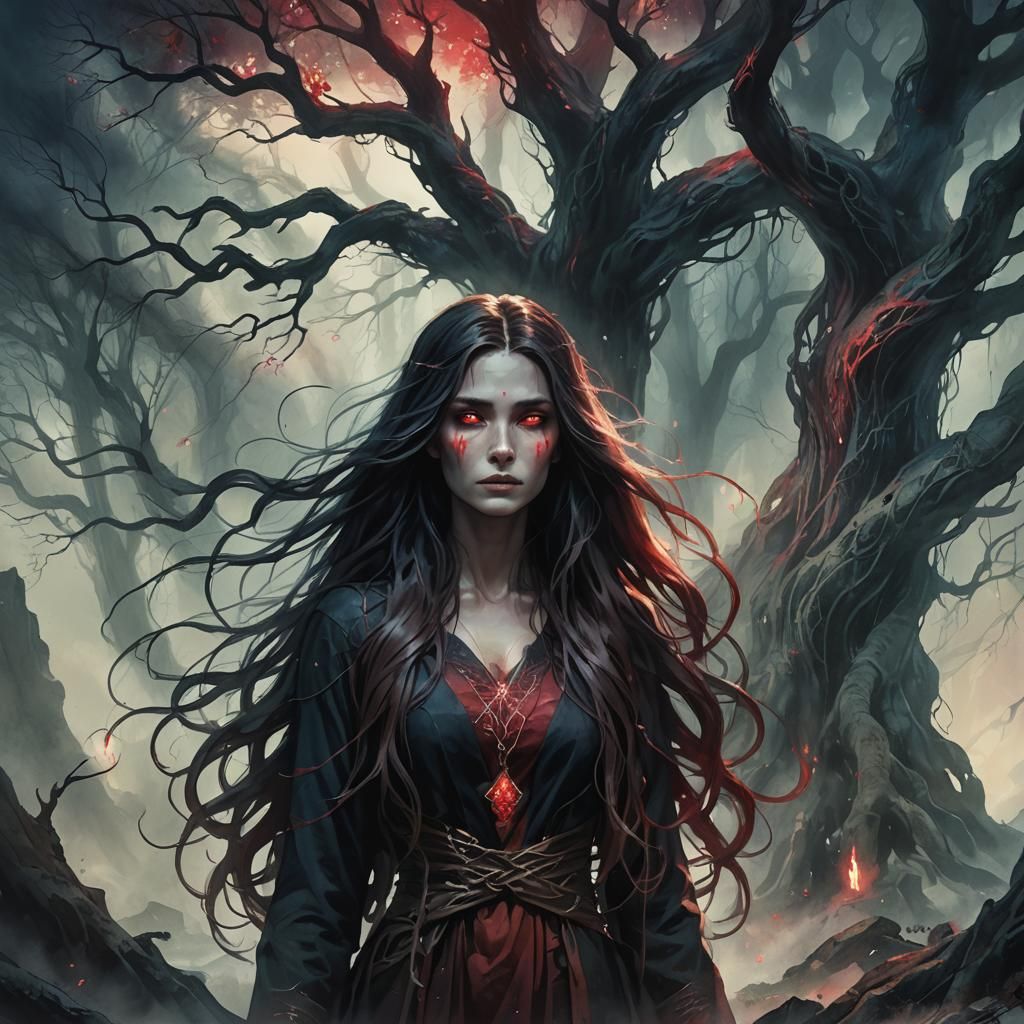 Mystical Woman with Ruby Eyes in Anime Style