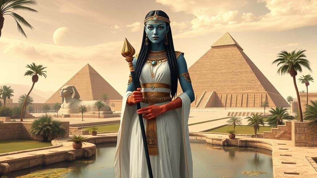 Egyptian Blue Skinned Princess in Anubis Temple