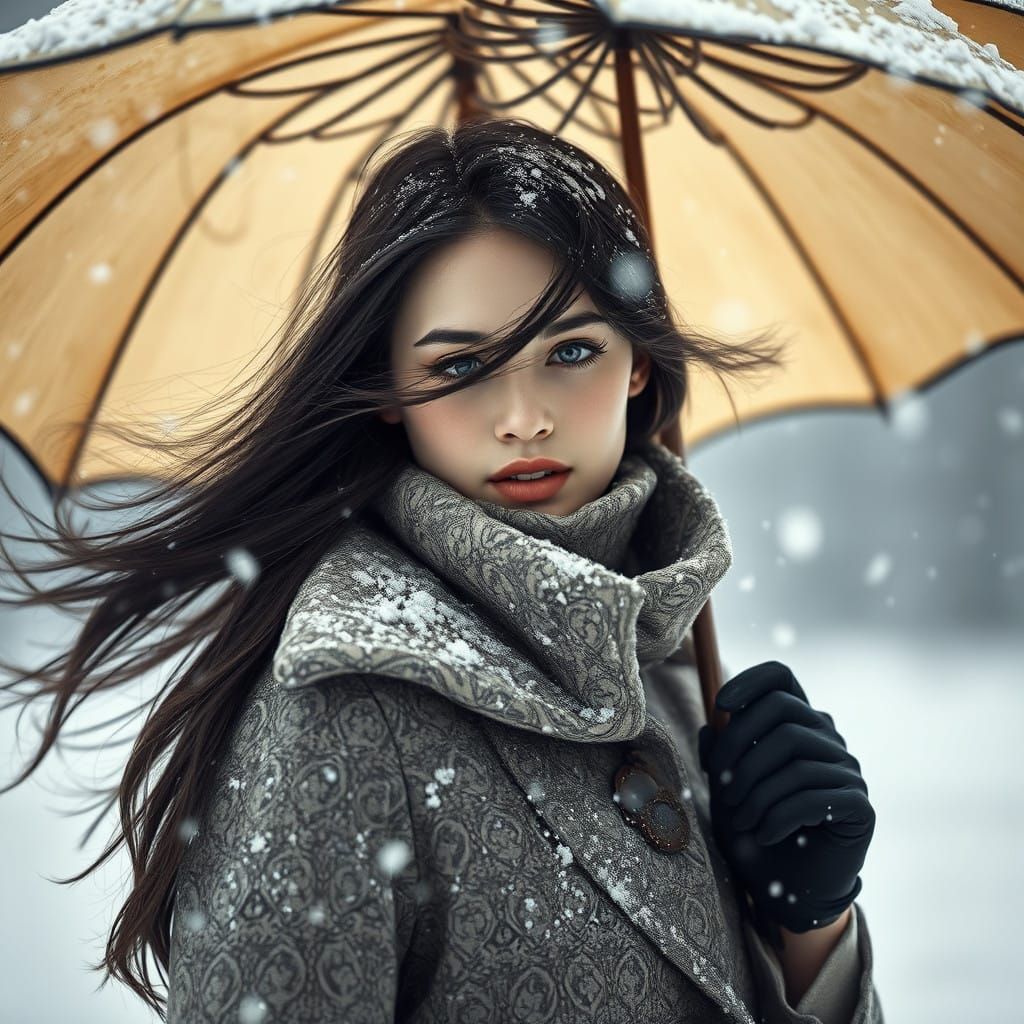 Elegant Lady Stands Firm in Fierce Snowstorm in Luxurious Co...