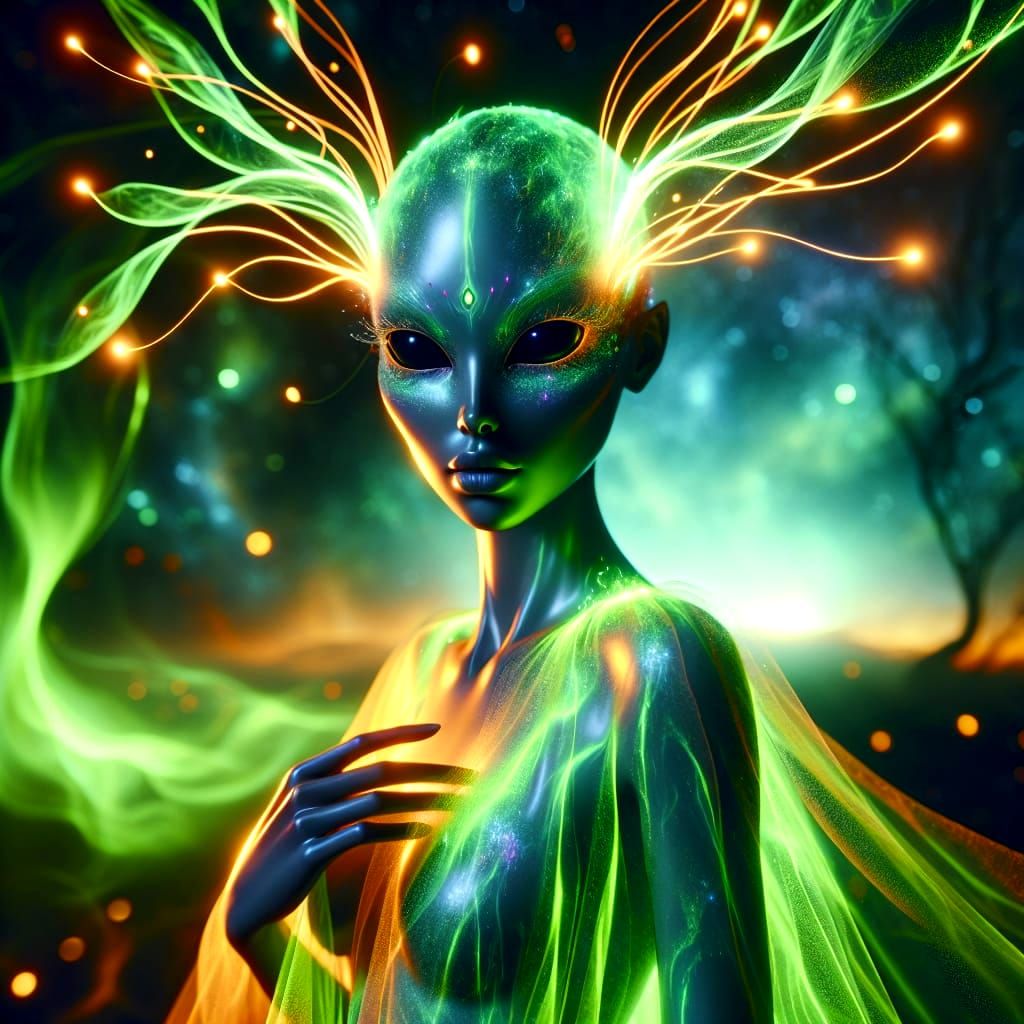 Celestial Alien Beauty in Neon Landscape