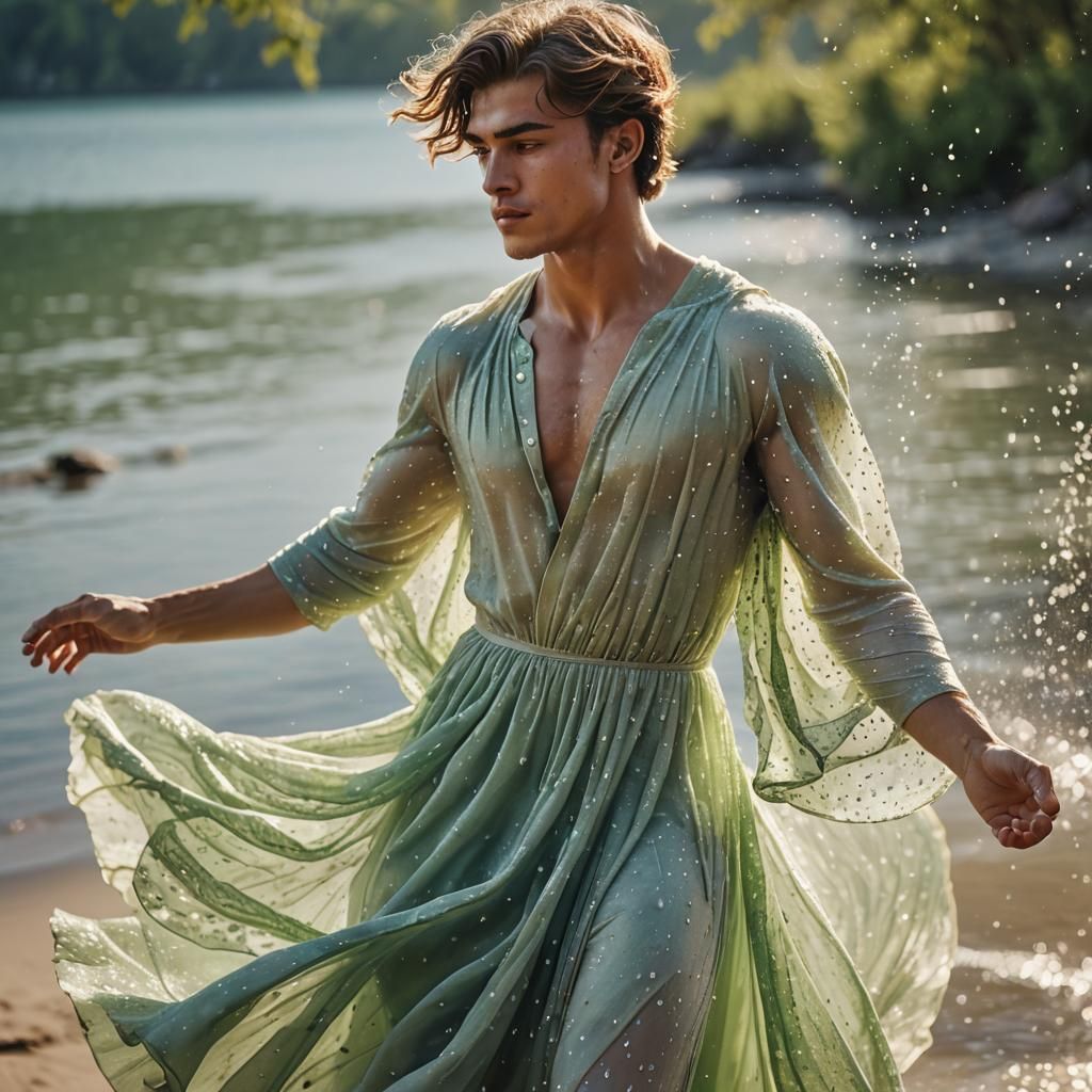 Muscular Boy Crossdressing and Dancing on the Shore