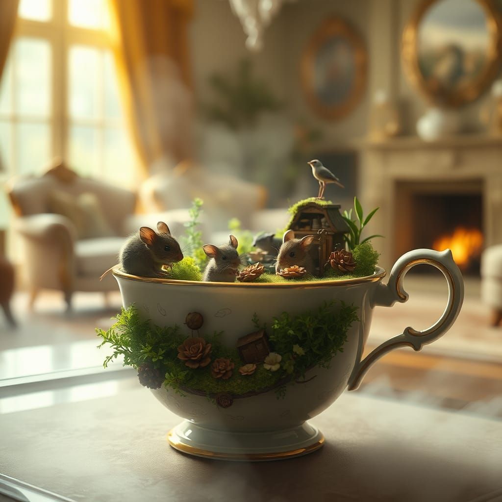 Miniature Mouse World in Antique Teacup