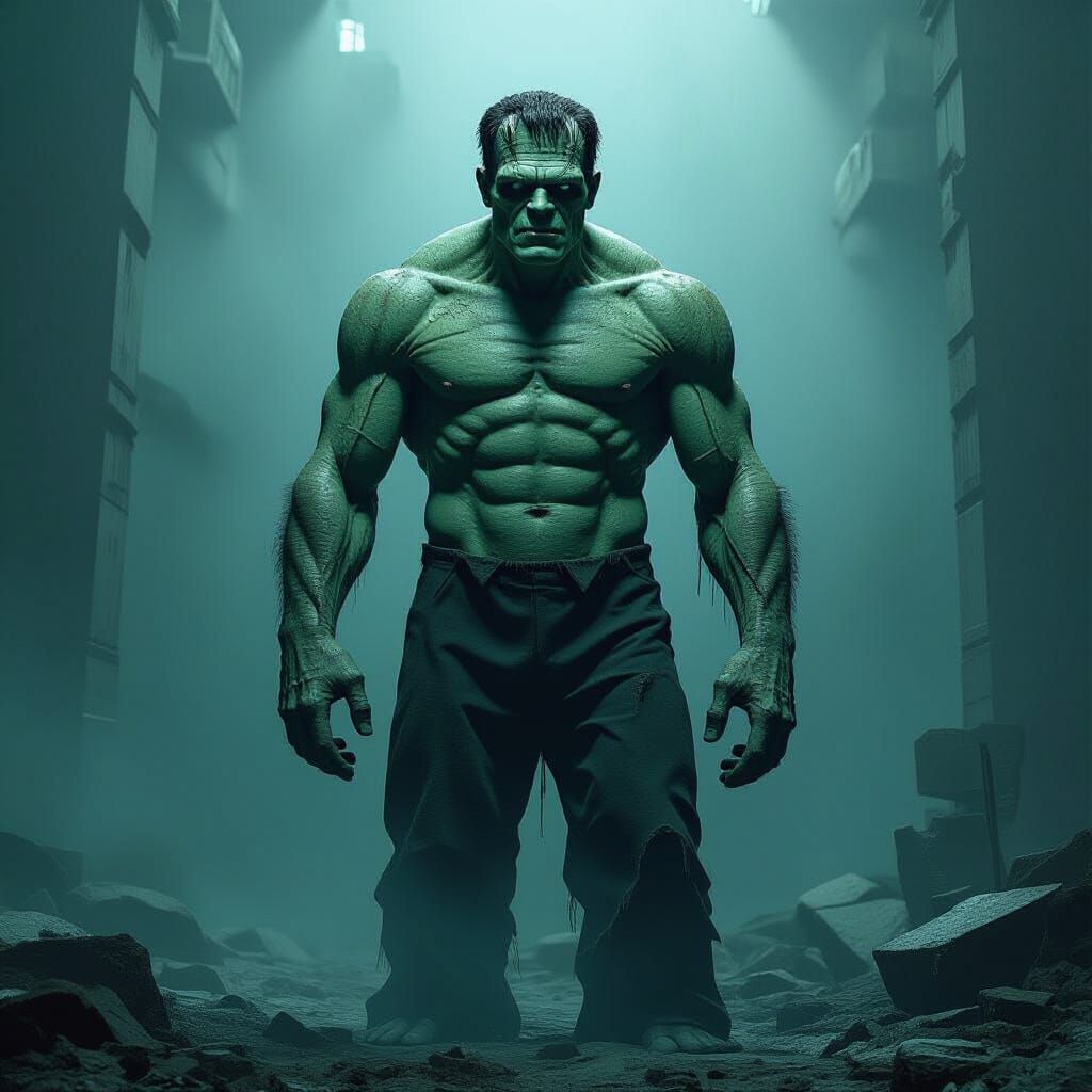 Hyperrealistic Frankenstein's Monster in Dark Lighting