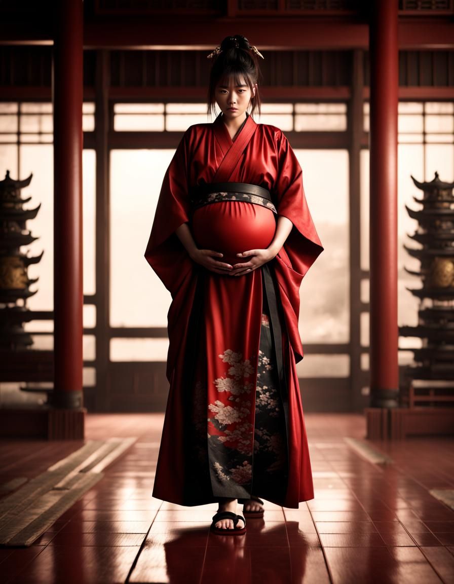 Pregnant Samurai in Dojo: Cinematic Digital Painting