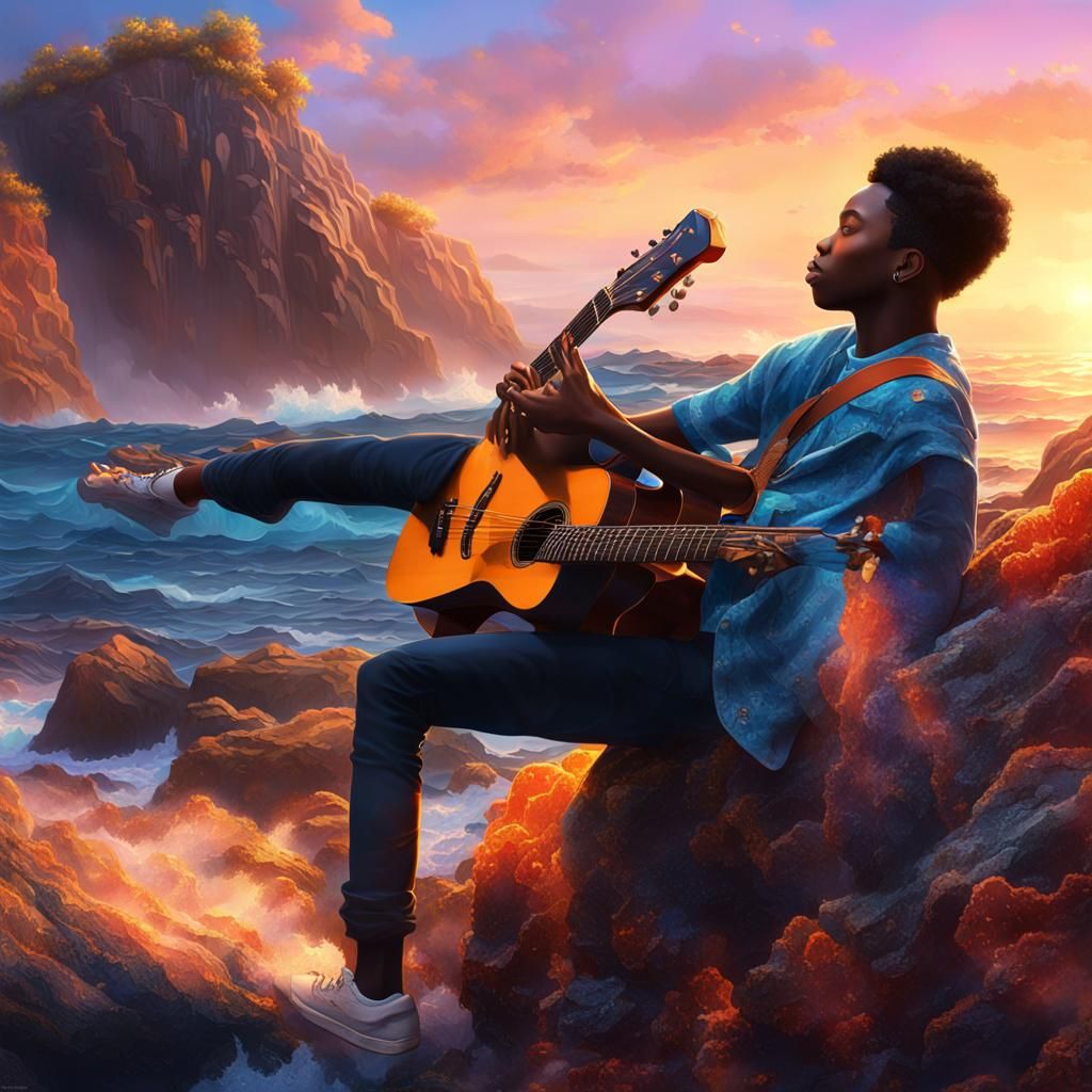 Rocky Ocean Shoreline Guitarist in Vibrant Sunset