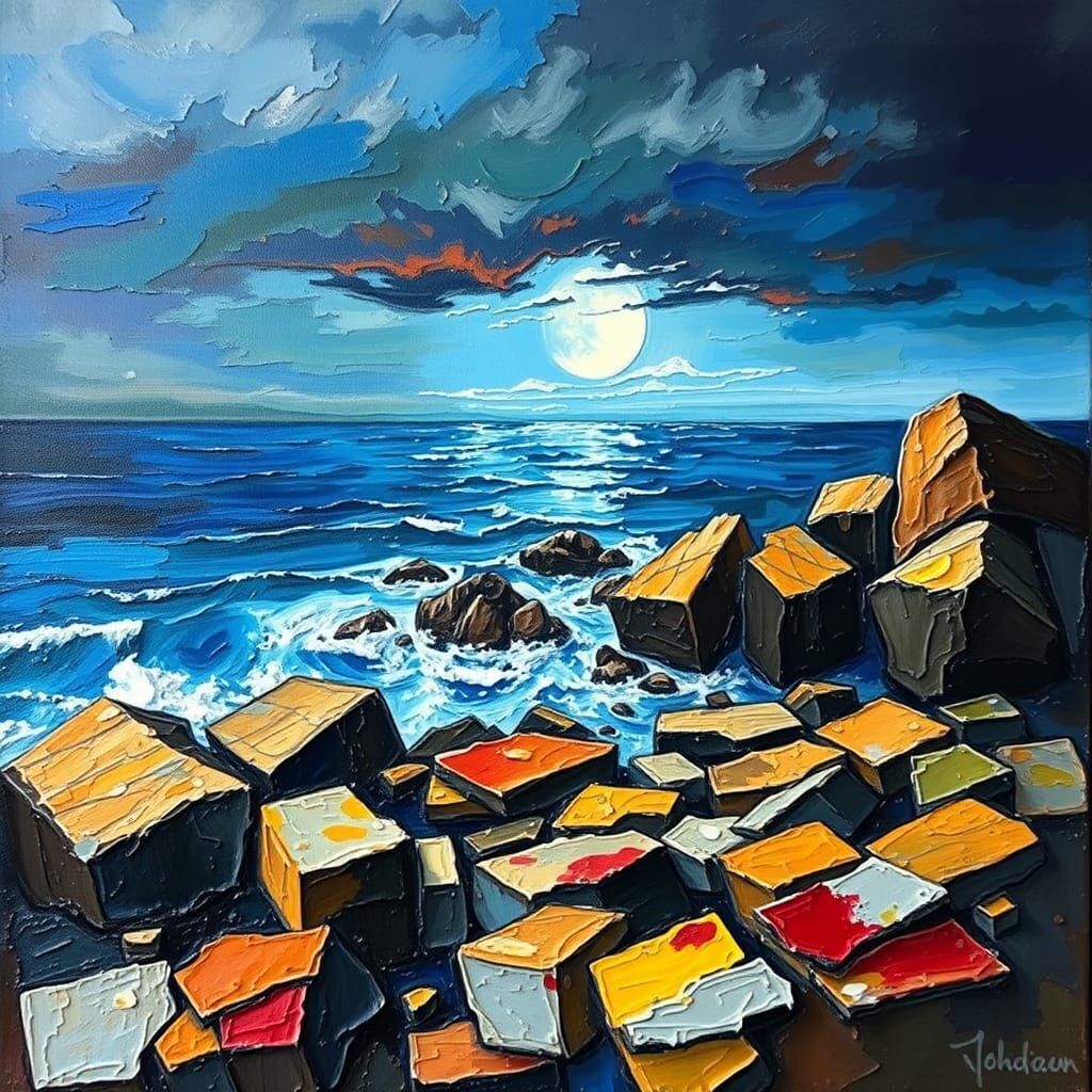 Gloomy Sea Rocks in Neo-Impressionist Oil Painting