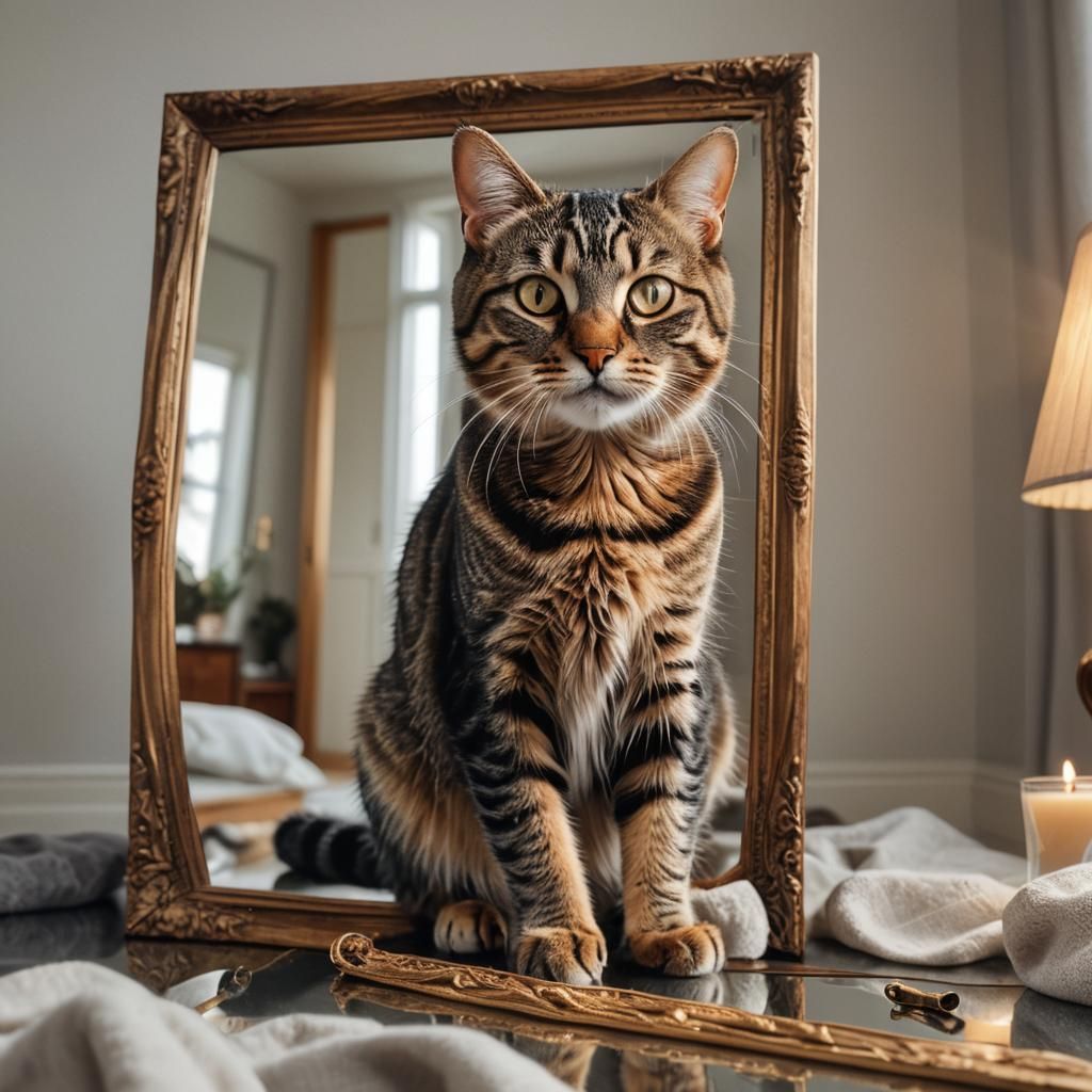 Realistic Tabby Cat Gazing at Mirror in Digital Art