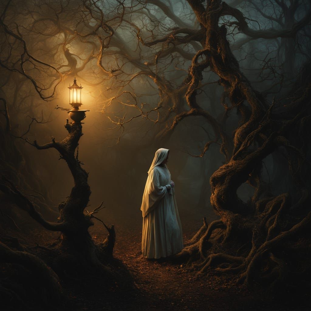 Eerie Figure in a Dark Romantic Garden