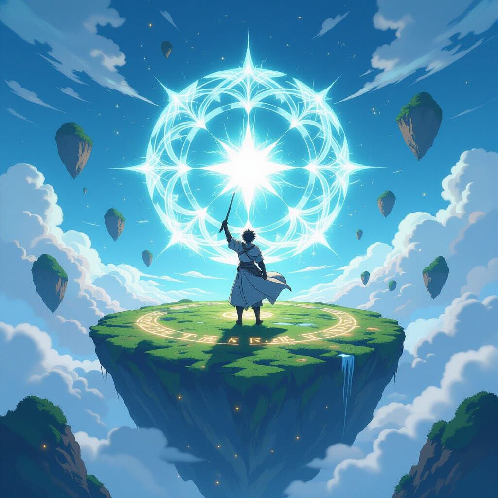 Anime Hero Naofumi Raises Shield on Floating Island