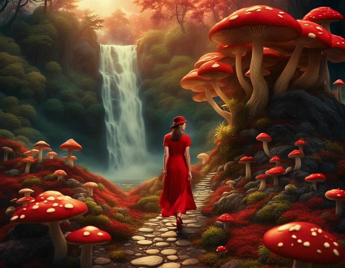 Cosmic Landscape with Woman in Red Dress