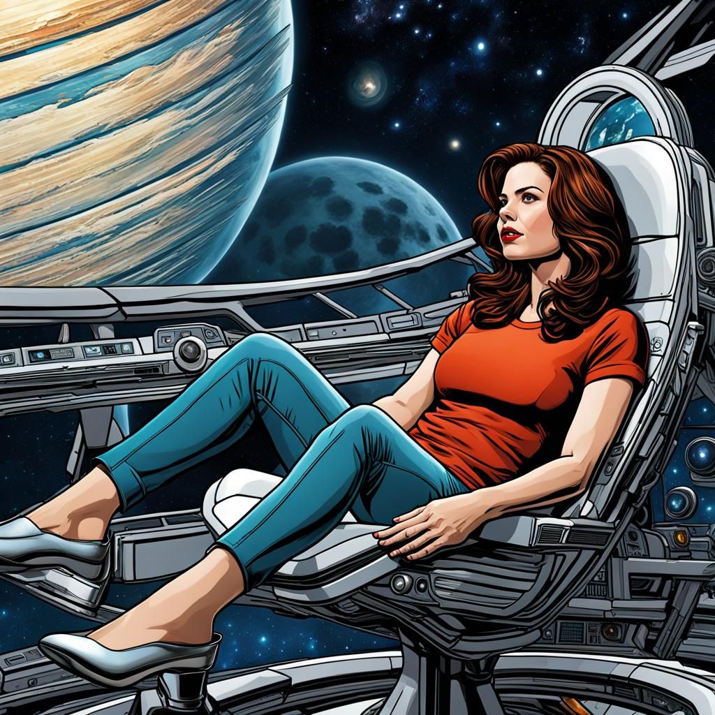 Woman Visits Moon with Spacecraft, Comic Book Art