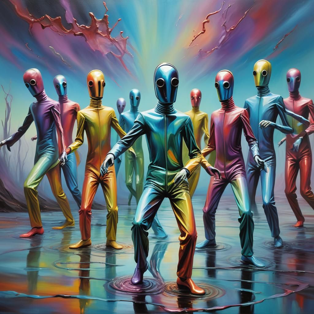 Surreal Tube Men Dance, as Oil Painting