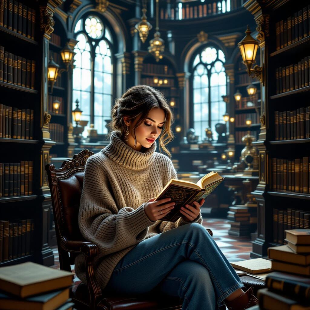 Woman Reading Magic Book in Steampunk Library