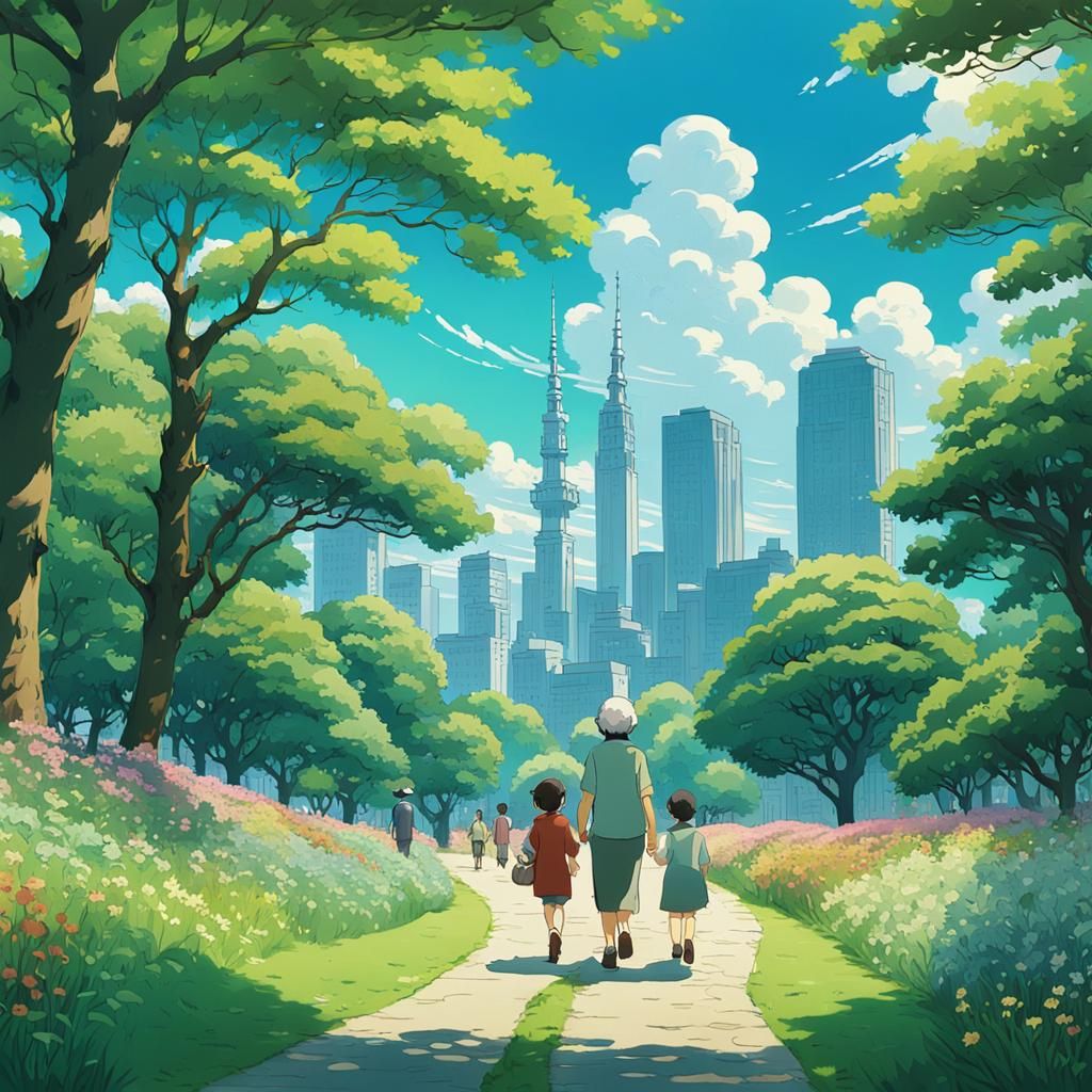 Grandmother and Grandchildren in Ghibli Anime Style