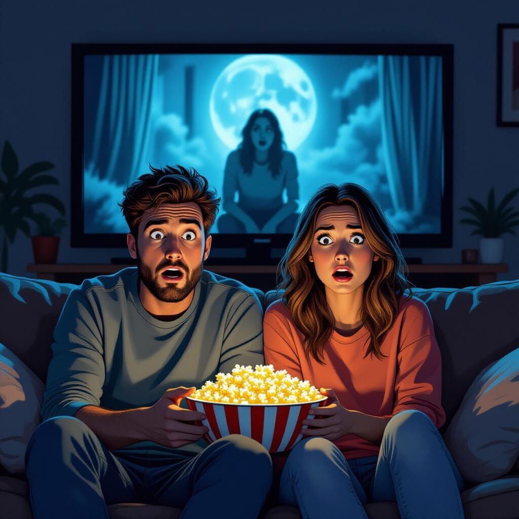 Horrified Couple Watching a Scary Movie