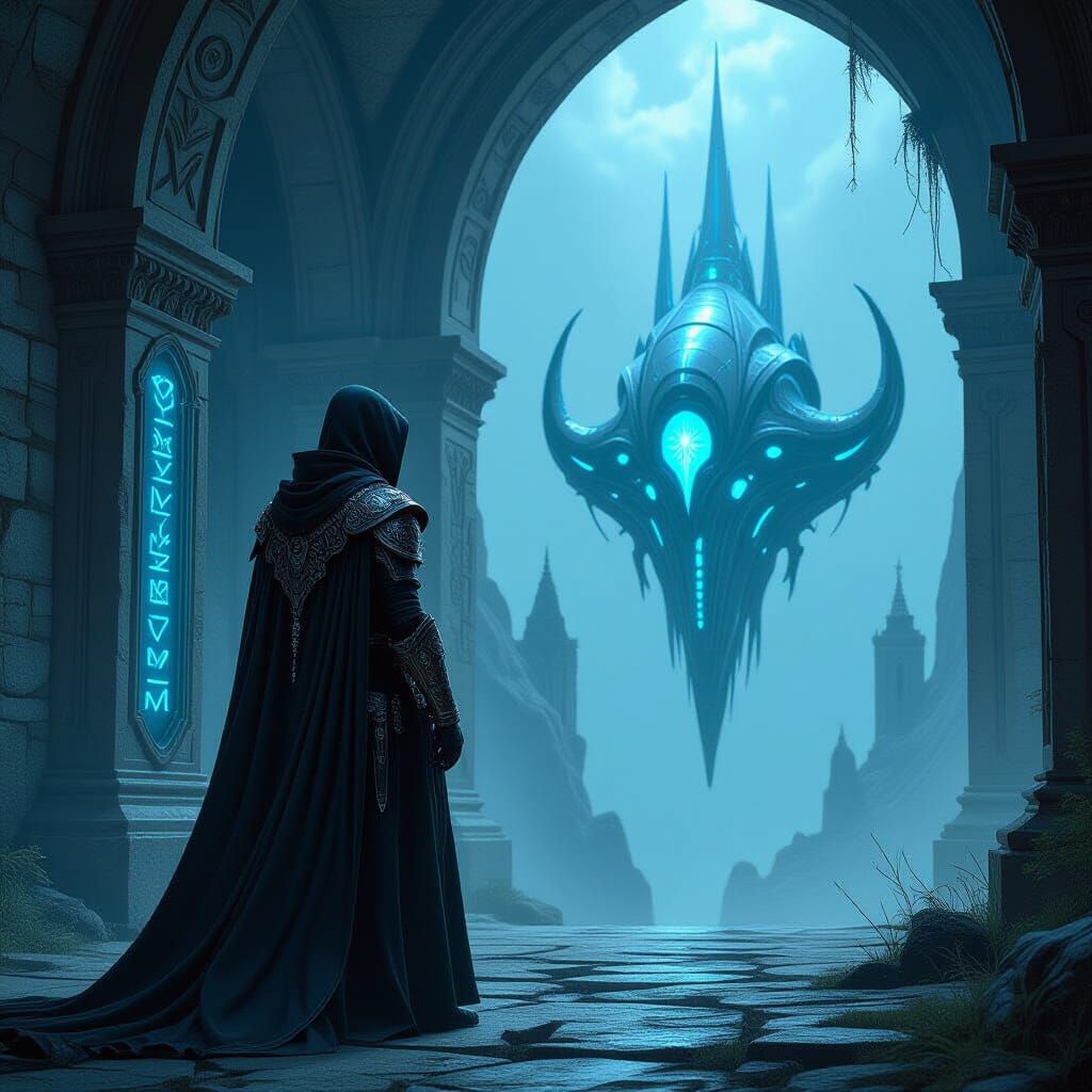 Gothic Cyberpunk Minstrel with Alien Craft