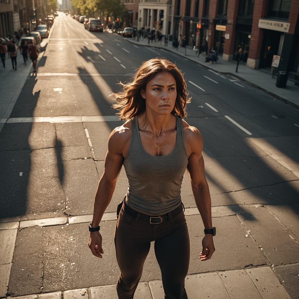 Muscular Woman Stands Tall in Cityscape