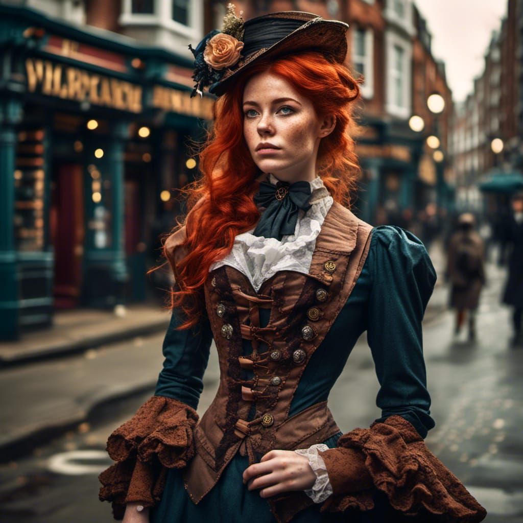 Steampunk Victorian Lady with Red Hair in London