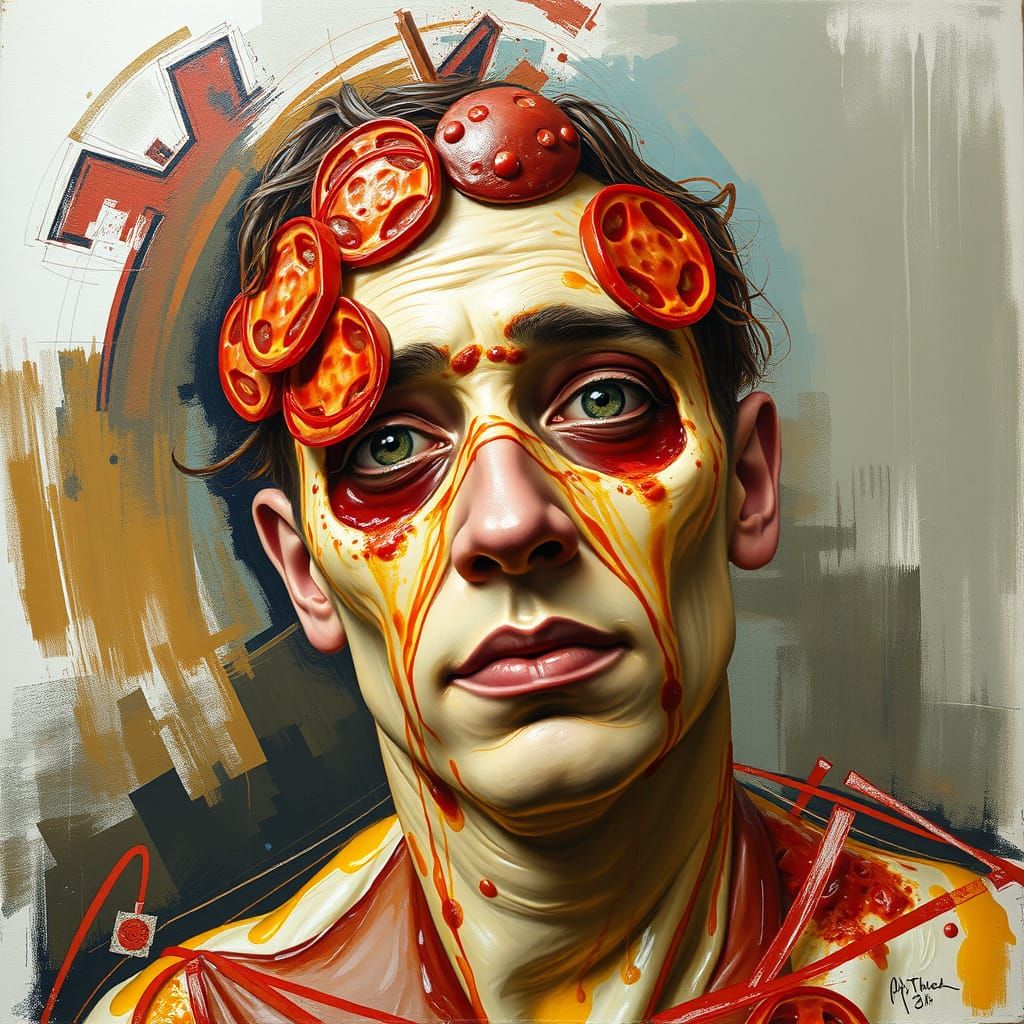 Pizza Man with Mozzarella Skin in Surreal Style
