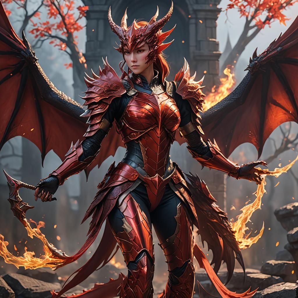 A beautiful fire dragon queen in full-body armor