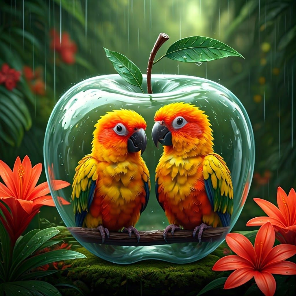 Sun conure inside an apple