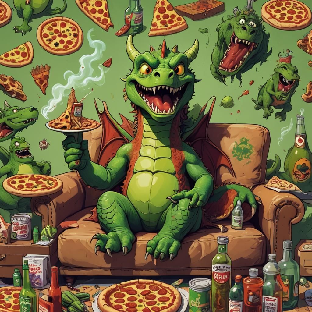 A bright Lime green dragon, setting on a couch, smoking a hu...