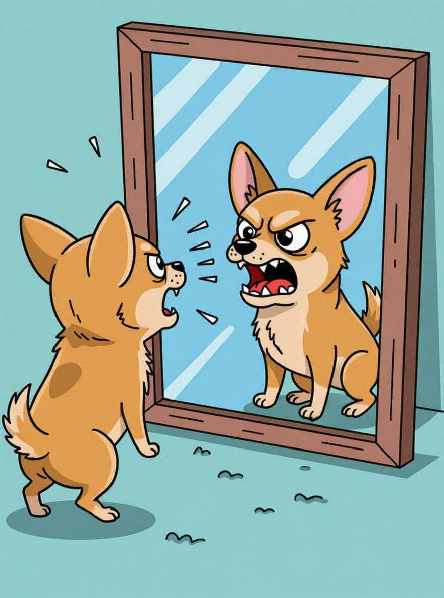 Angry Chihuahua Barks at Reflection in Cartoon Style