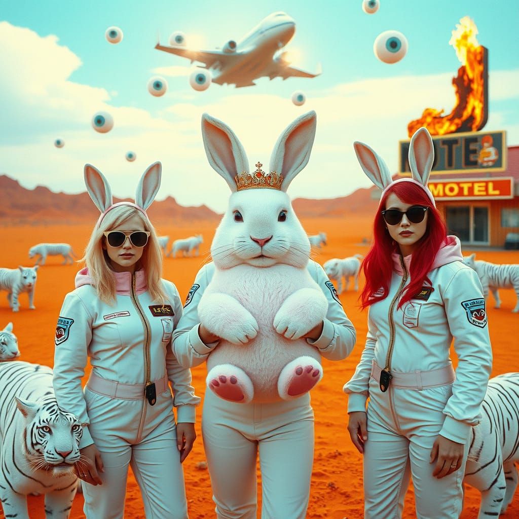 Women Astronauts with Rabbits in Orange Desert