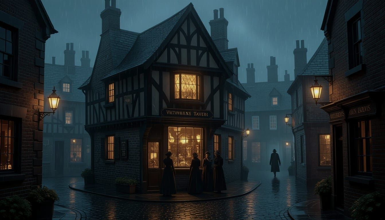 Victorian Tavern Alleyway on a Rainy Night Oil Painting