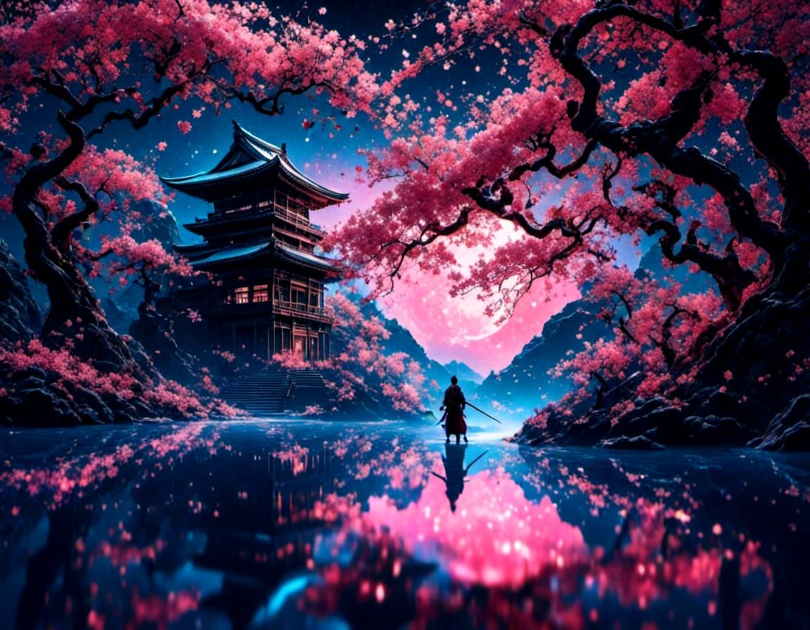 Sekiro Samurai Silhouette with Bioluminescent Cherry Blossom...
