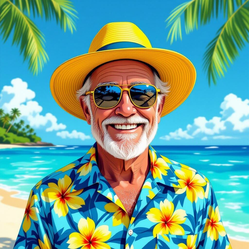Happy Old Man in Hawaiian Shirt on Tropical Beach