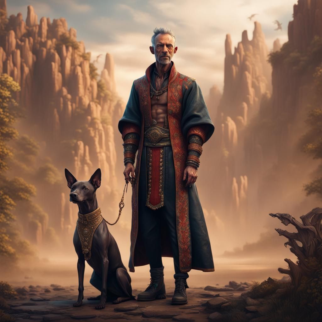 Xoloitzcuintle Dog and Human Male: Detailed Matte Painting