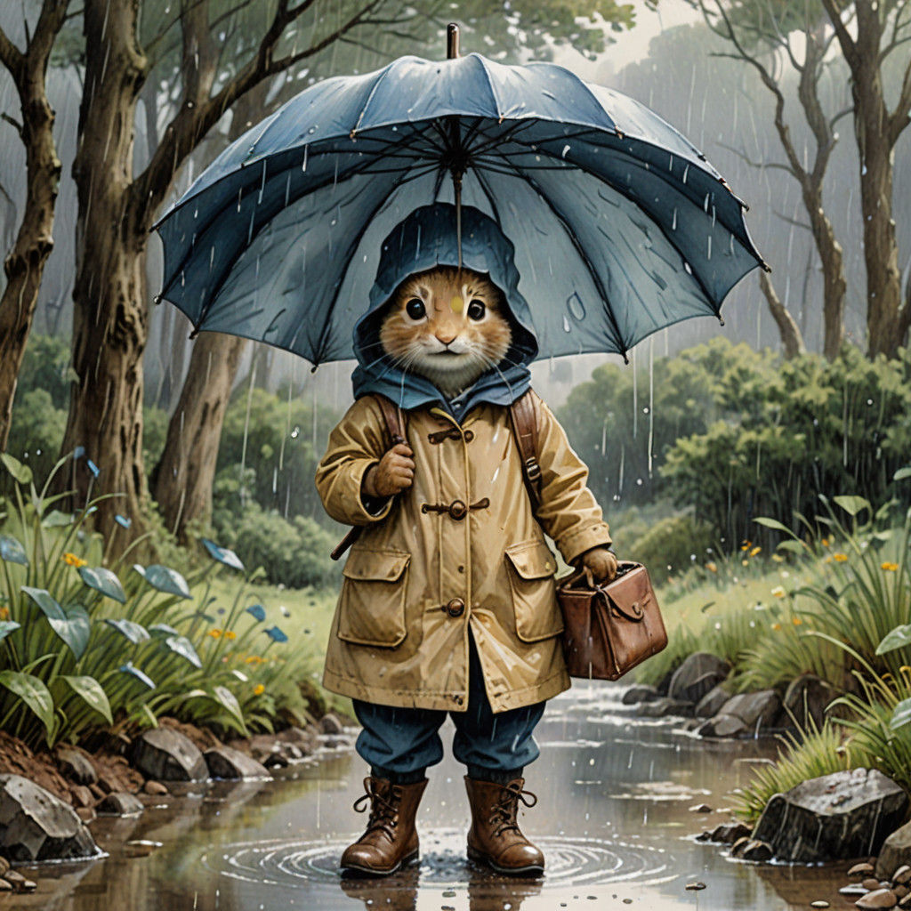 Delightful Squirrel in Rainy Weather, Holding Umbrella