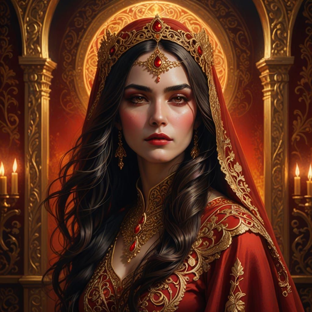 Ethereal Woman in Red Velvet and Gold