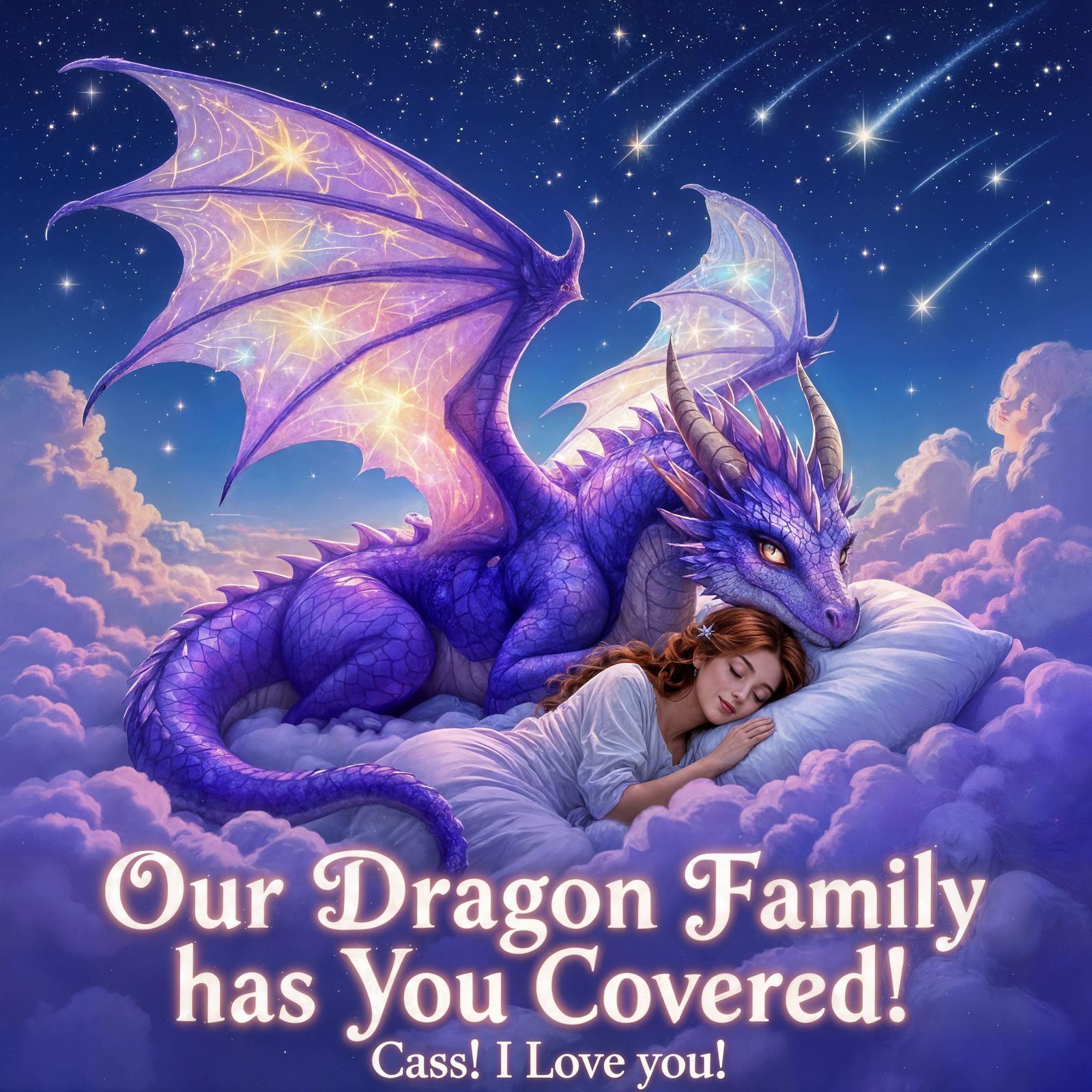 Serene Starry Dragon with Woman on Lavender Clouds